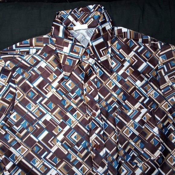 Vintage Sears Kings Road MCM Geometric Polyester Disco Shirt - Picture 1 of 4